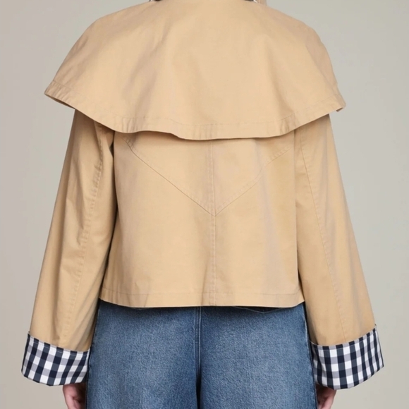 🤎🔹️Avec Les Filles🔹️ Khaki Gingham Trim Cotton Cape Jacket - Picture 4 of 5